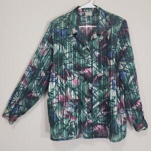 Vintage Blouse Allison Daley Button Up Shirt Womens Large Sheer Abstract 90s